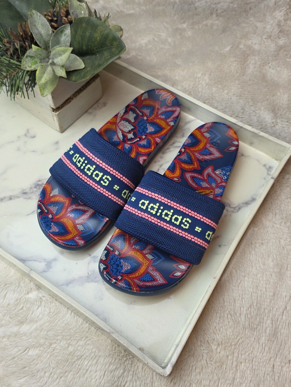 ADIDAS x FARM RIO Adilette Comfort Slide Sandal Mystery Blue/Hi-Res Yellow Sz 10 - Picture 2 of 12